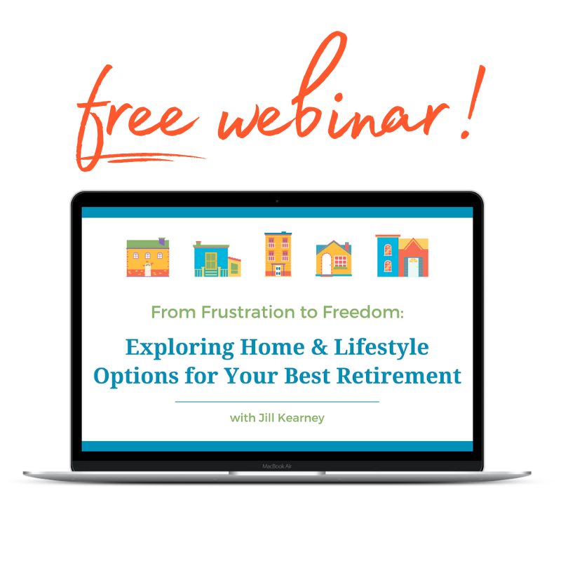 Image of a laptop with a presentation screen depicting cartoon houses and the title, "From Frustration to Freedom: Exploring Home & Lifestyle Options for Your Best Retirement". 